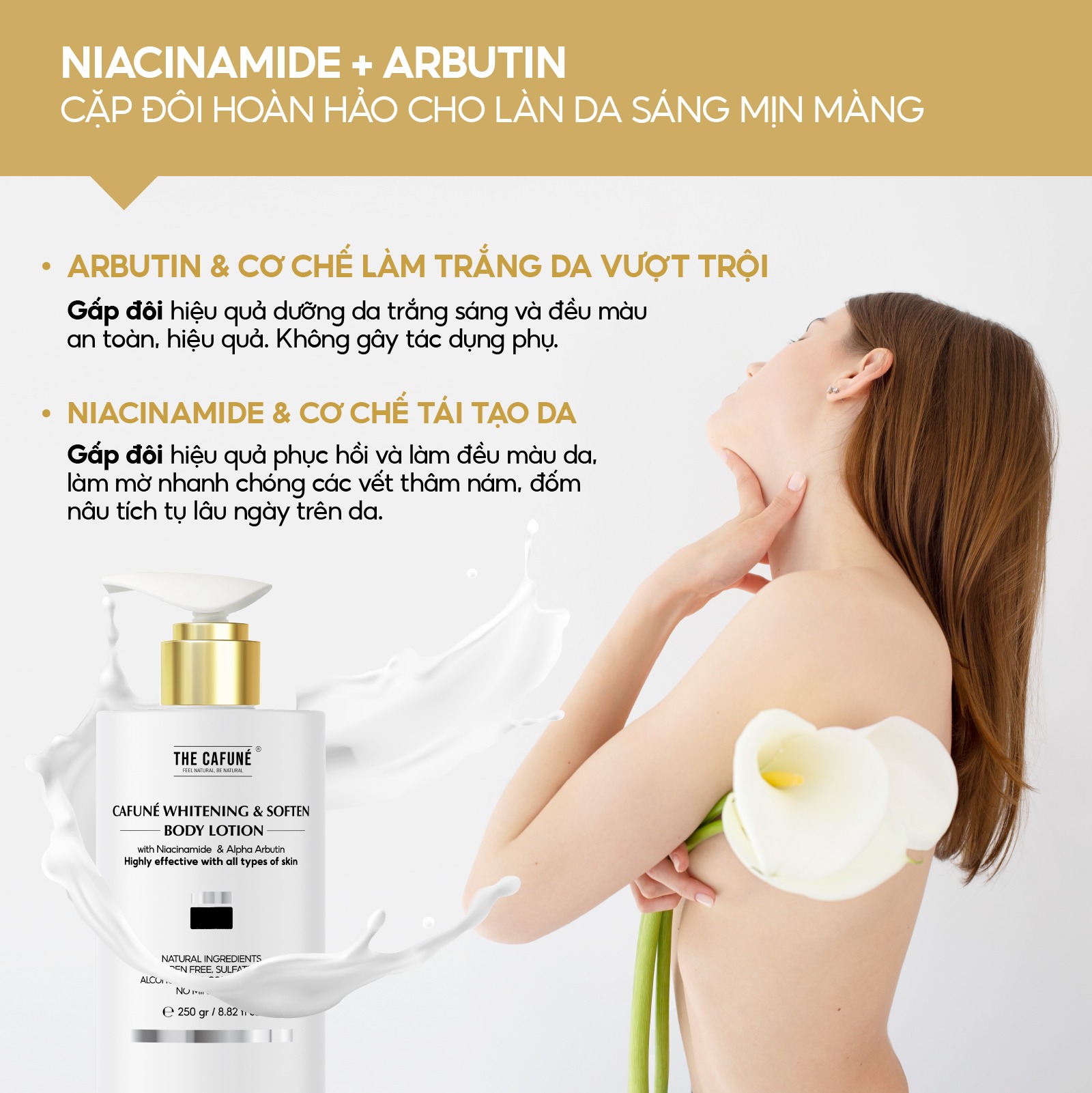 Kem Body Dưỡng Trắng Da The Cafuné Bản Nâng Cấp thẩm thấu nhanh, không nhờn rít dưỡng thể 250gram - Ảnh 3