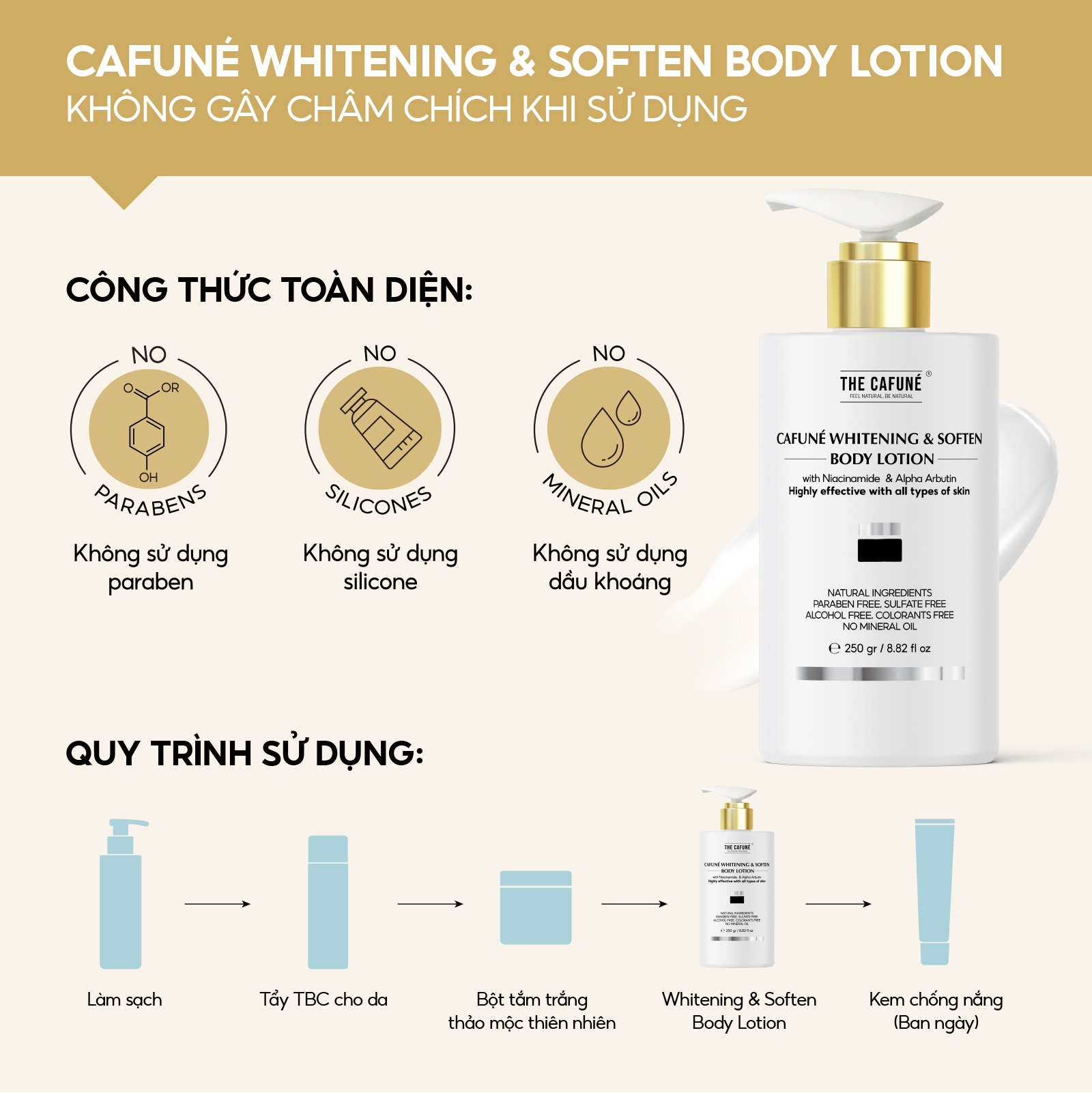 Kem Body Dưỡng Trắng Da The Cafuné Bản Nâng Cấp thẩm thấu nhanh, không nhờn rít dưỡng thể 250gram - Ảnh 4